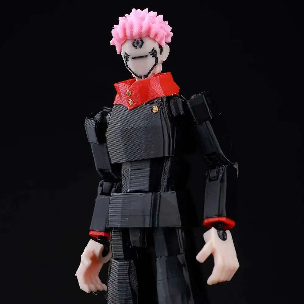 A fully articulated action figure of Yuji Itadori from Jujutsu Kaisen, featuring pink hair and a red shirt.