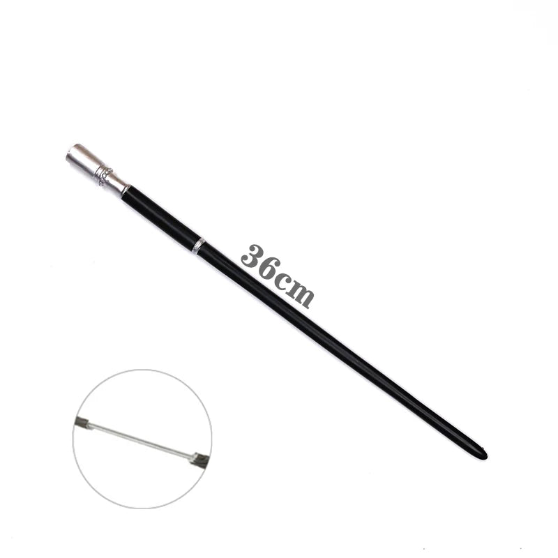 A long, slender metal magic wand with a silver tip and black handle.