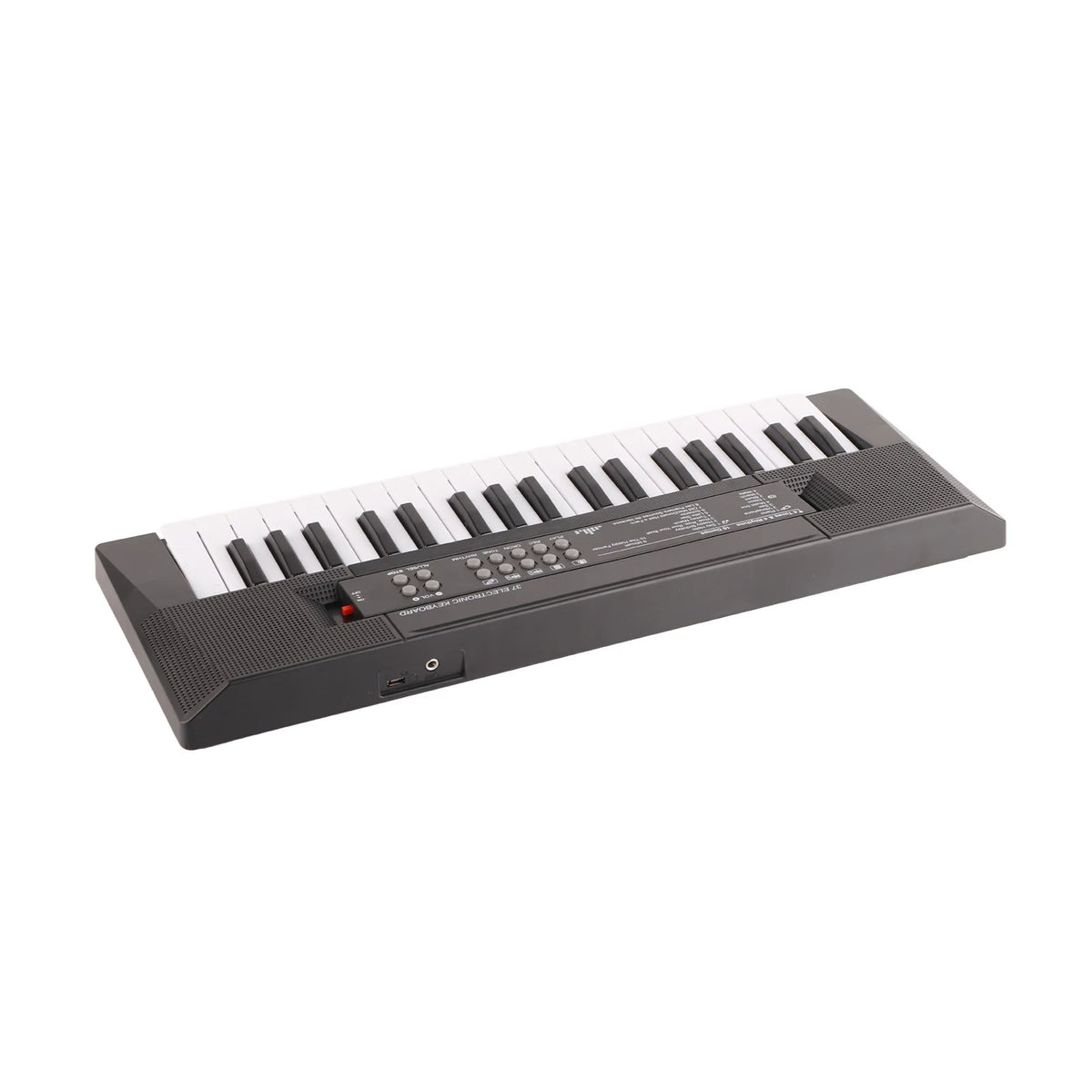 A black 37-key portable electric keyboard piano with a microphone for kids, shown from above.