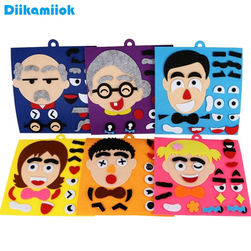 A set of colorful puzzle cards featuring facial expressions of adults and children for a Montessori game.