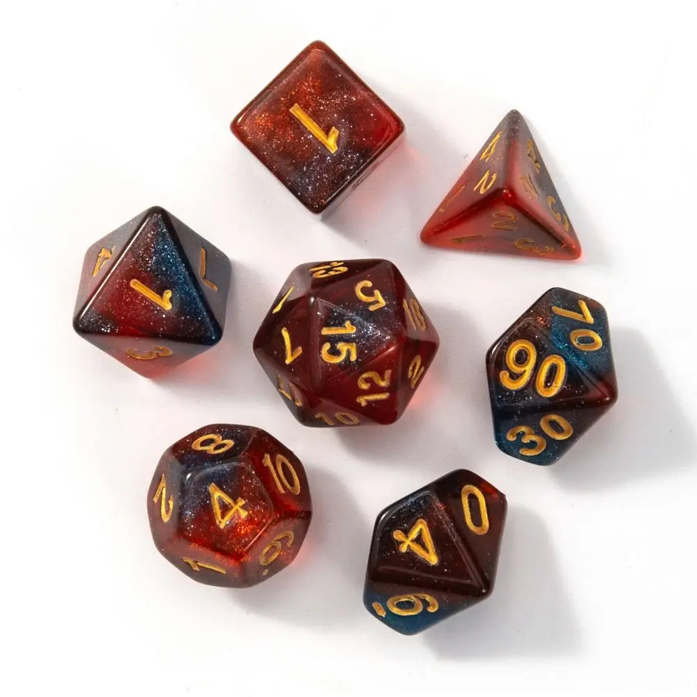 A set of seven polyhedral acrylic dice, including d6s, d8s, and d10s, scattered on a white surface.