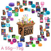 A collection of colorful squishy fidget toys and blind boxes in various packaging.