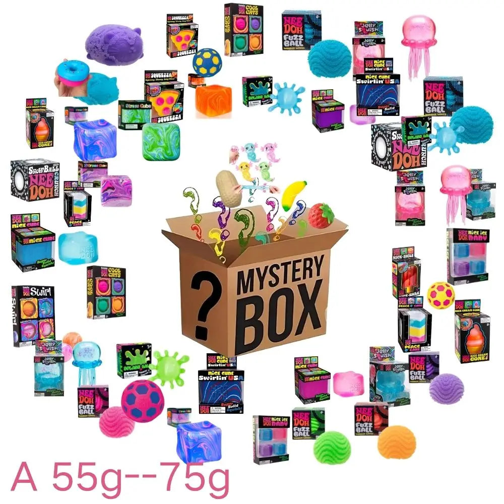 A collection of colorful squishy fidget toys and blind boxes in various packaging.