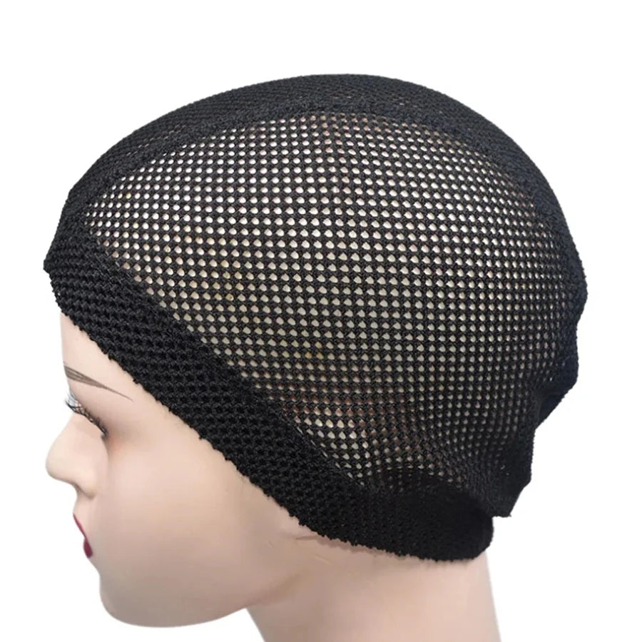 Black stretchable mesh wig cap shown on a mannequin head.