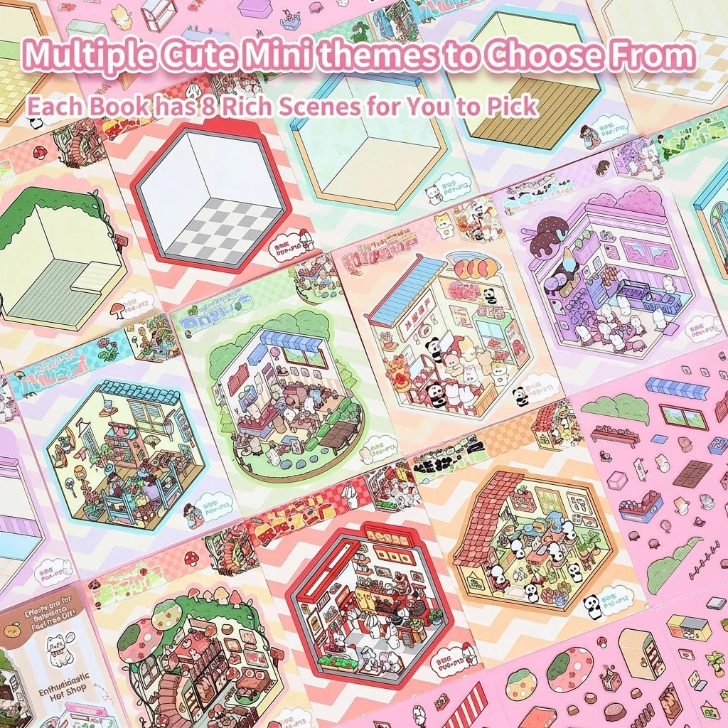 A collection of multiple cute mini themes for DIY 3D sticker scene books and craft kits.