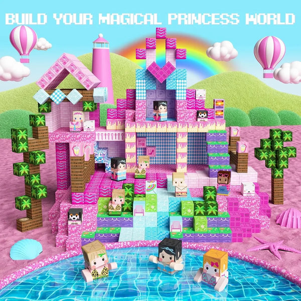 A colorful magnetic building blocks set depicting a princess world landscape with pink and purple structures and figures.