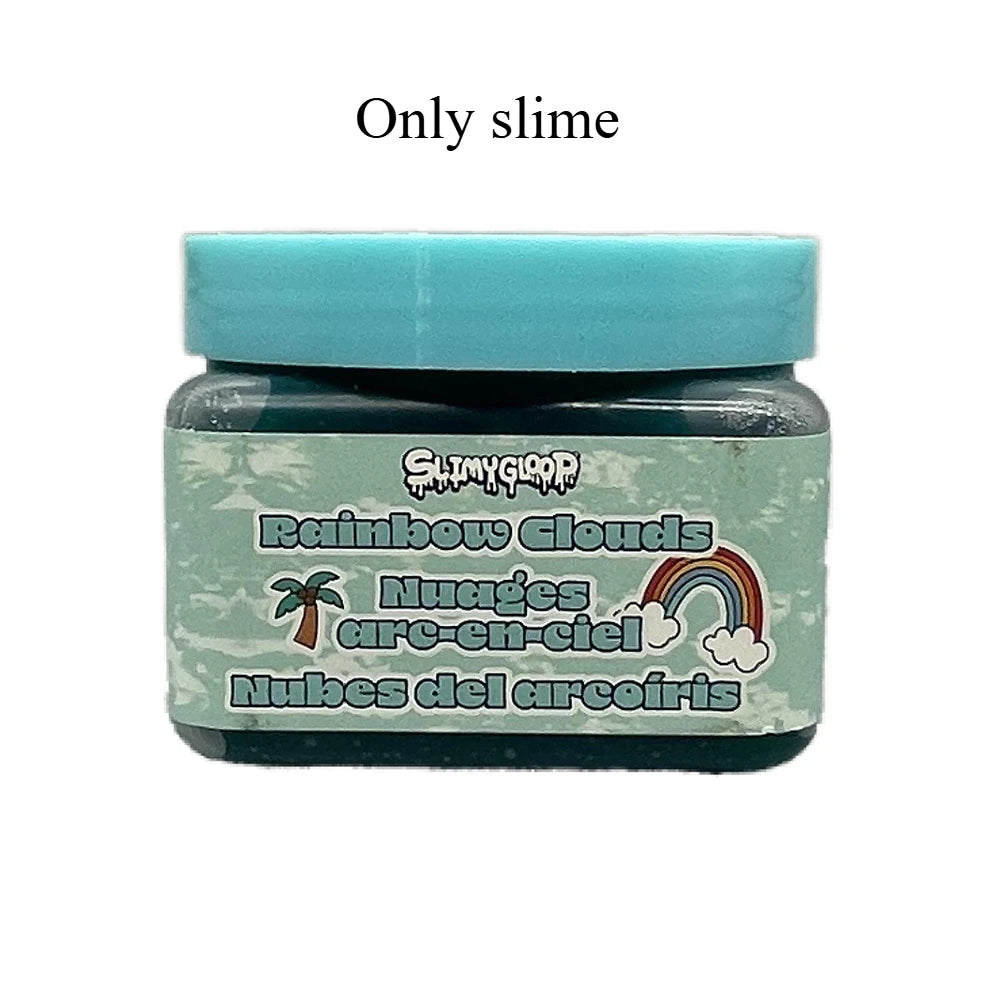 A jar of blue slime labeled Rainbow Clouds with text in French and English.