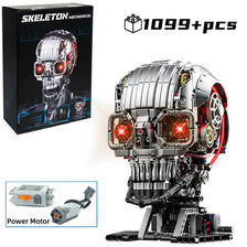 A mechanical skeleton head building kit with LED lights shown next to its disassembled components and assembled form.