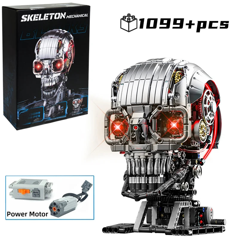 A mechanical skeleton head building kit with LED lights shown next to its disassembled components and assembled form.