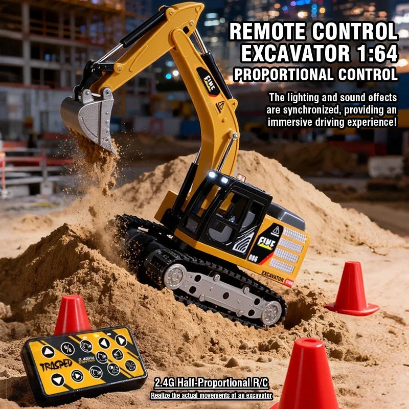 A yellow 1:64 scale remote control excavator model with a black remote control and orange safety cones in a dirt environment.
