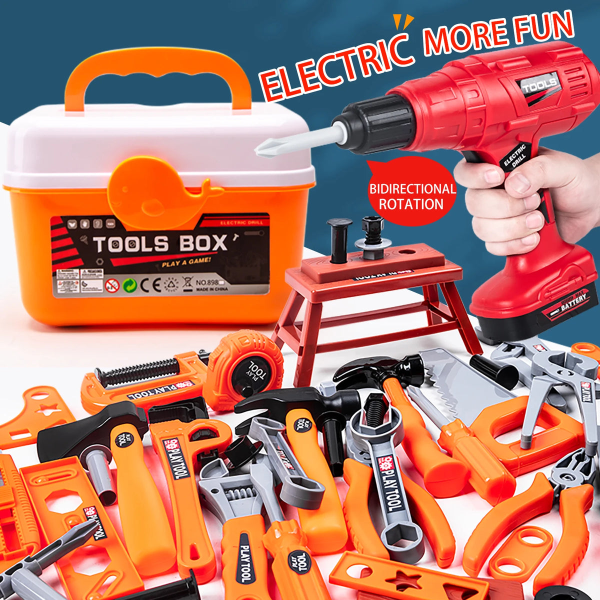 An orange toolbox set with various tools like pliers, screwdrivers, and a drill, shown next to a red electric tool and a stor