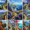 A collage of vibrant landscape paintings depicting coastal scenery, cliffs, and colorful flowers.