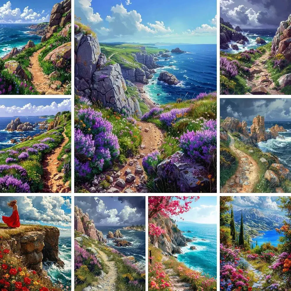A collage of vibrant landscape paintings depicting coastal scenery, cliffs, and colorful flowers.