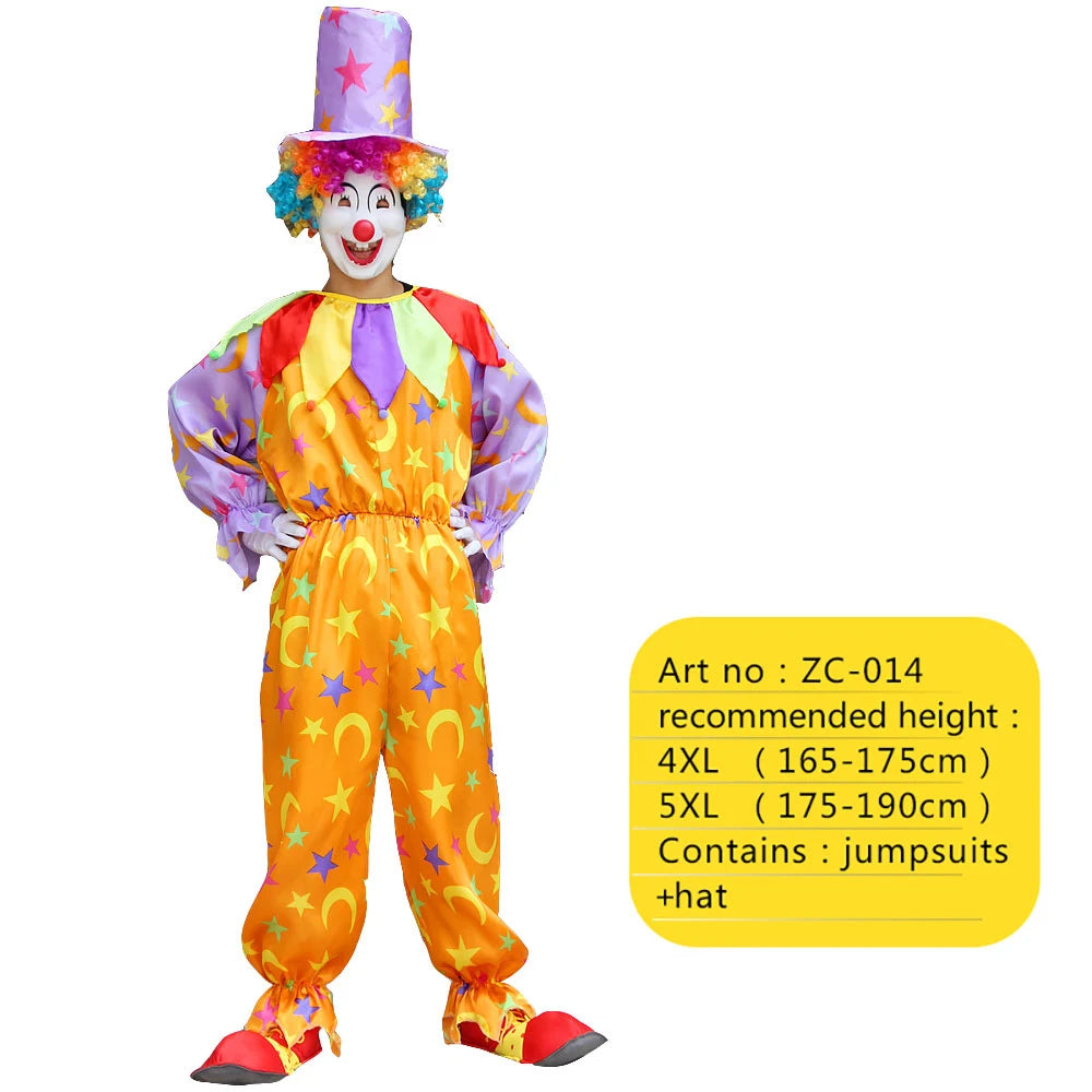 A full clown costume set featuring a colorful outfit, wig, and hat for an adult.