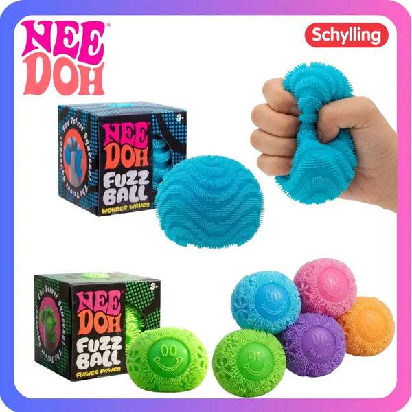 Eine Sammlung von Nee Doh-Fusselbällen in verschiedenen Farben, darunter blau, grün, lila und orange, neben einer Hand.