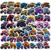 A collection of colorful monster truck cartoon stickers featuring various vehicles and designs.