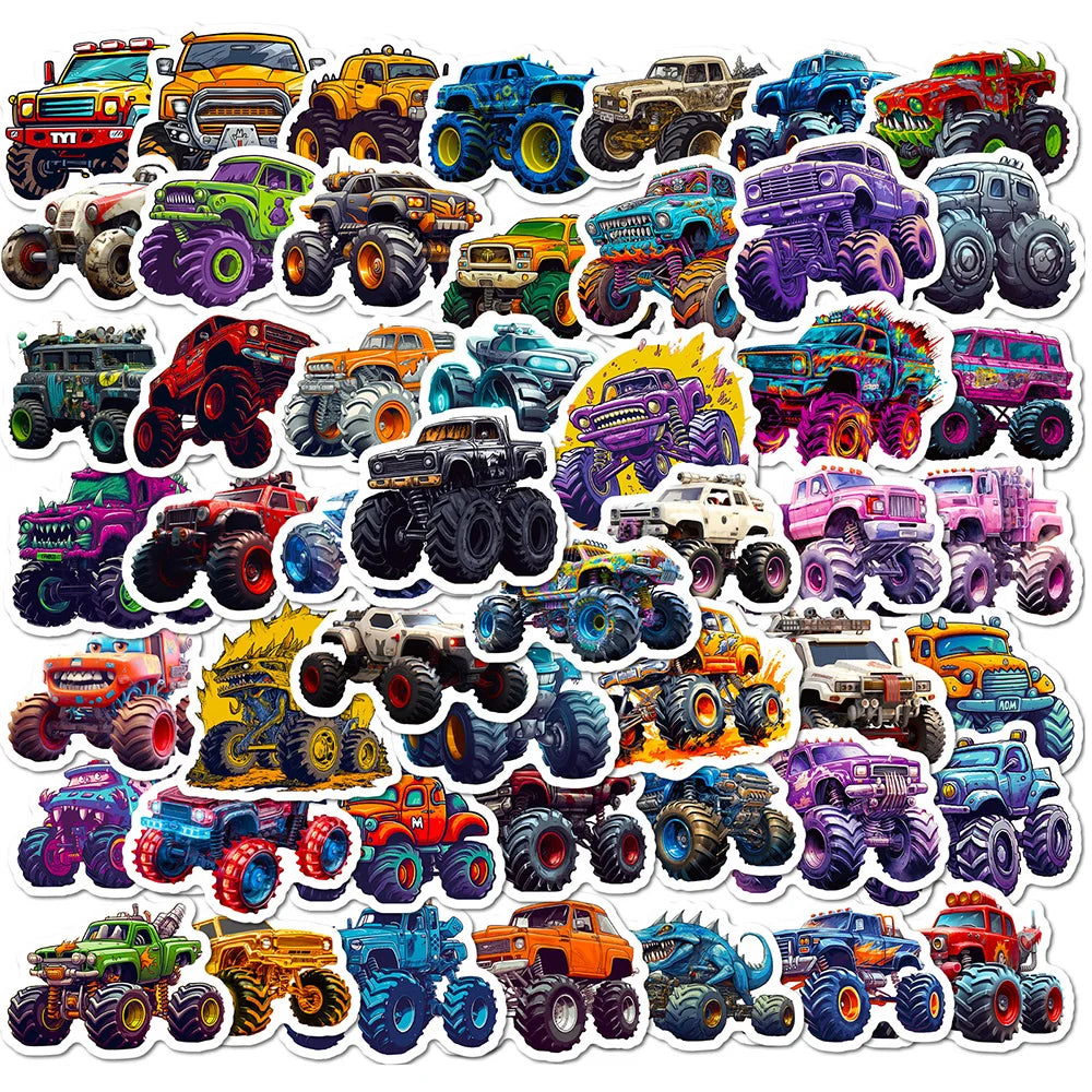 A collection of colorful monster truck cartoon stickers featuring various vehicles and designs.