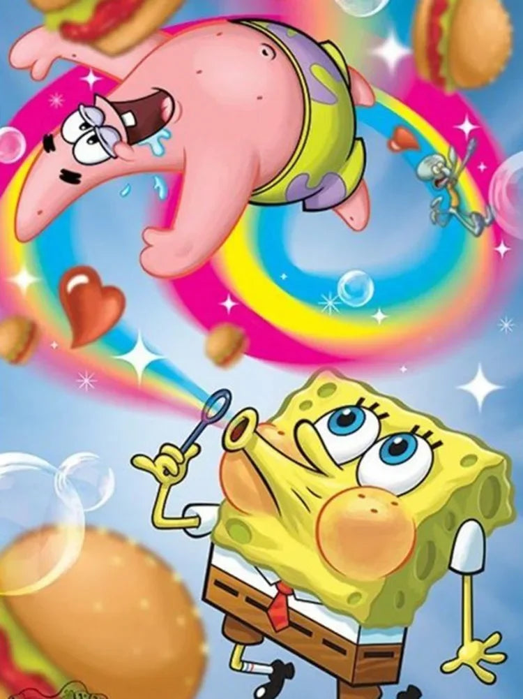 A cartoon illustration featuring SpongeBob SquarePants and a yellow, textured character.