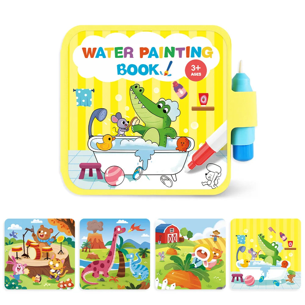 A yellow water painting book for kids featuring illustrations of dinosaurs, animals, and nature scenes.