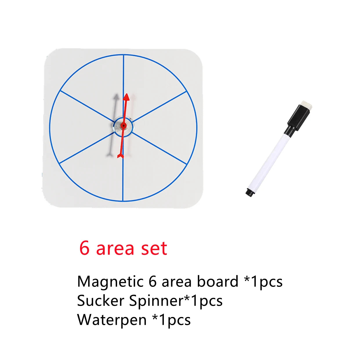 Magnetic 6 area set including a magnetic board, spinner, and water pen for teaching