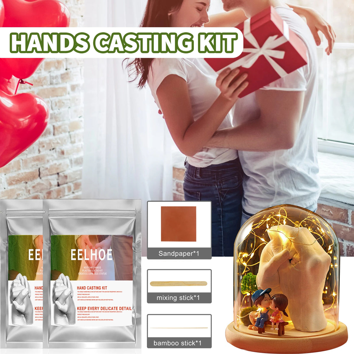 A hands casting kit showing various materials like sandpaper and bamboo sticks for creating 3D hand molds.