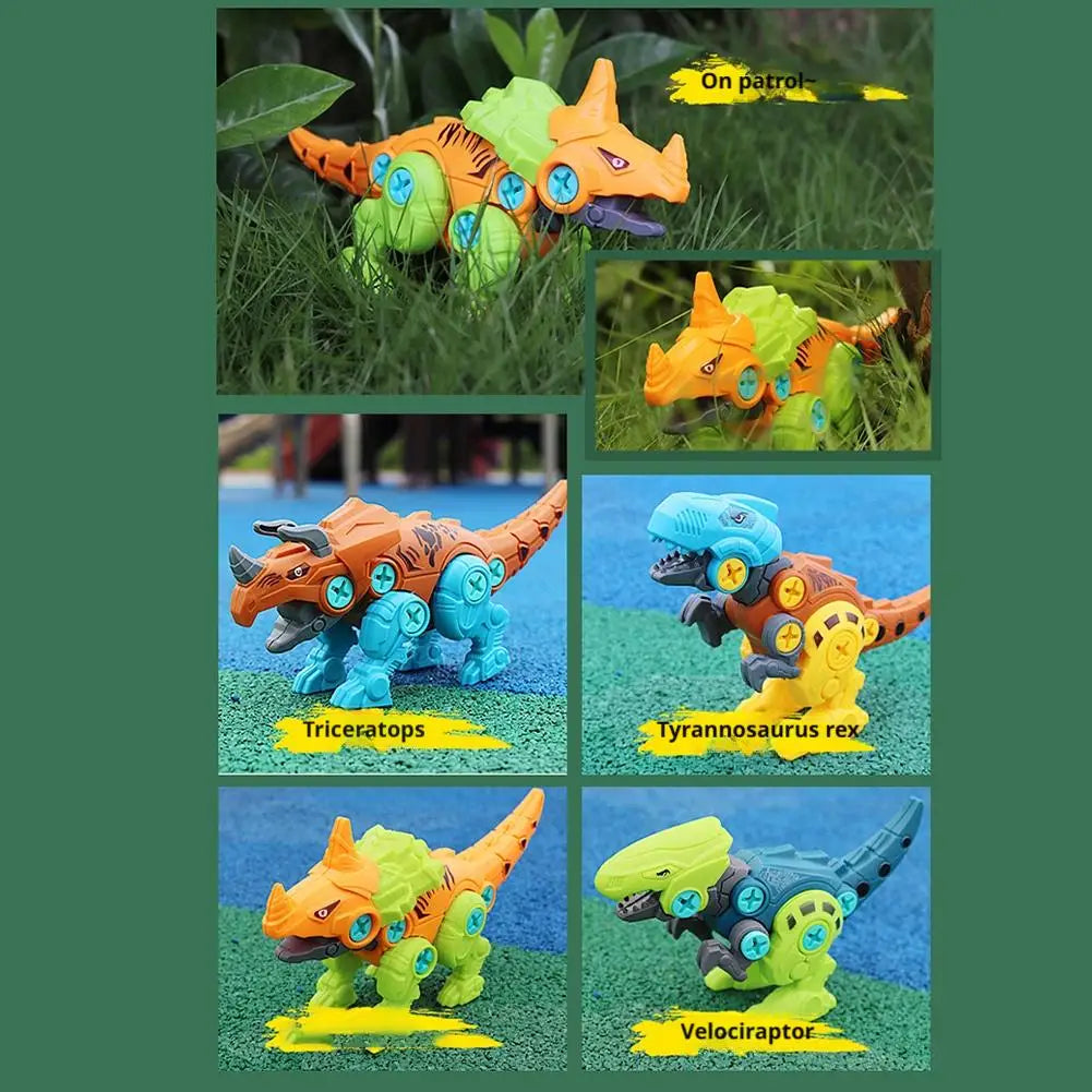 A set of DIY take apart dinosaur toys including Triceratops, Tyrannosaurus rex, Velociraptor, and a Velociraptor toy.