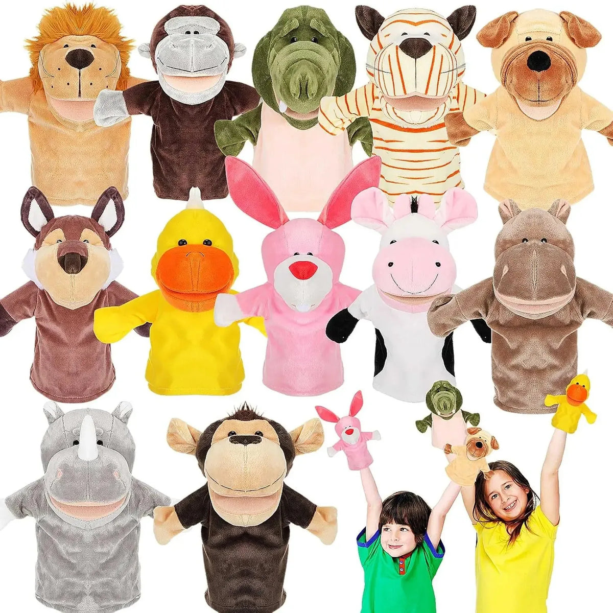 A collection of soft plush animal hand puppets featuring various animals like lions, tigers, elephants, and dogs.