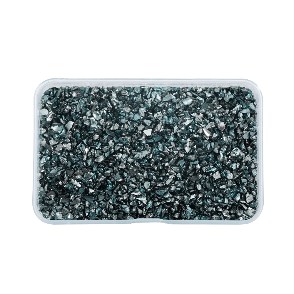 A clear plastic container filled with dark gray crushed glass stones for resin and craft projects.