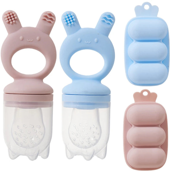 A set of silicone fruit food feeders and cooling molds in pink and blue colors.