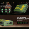 A green LEKATO rechargeable pedal power supply with multiple DC outputs and battery indicators.