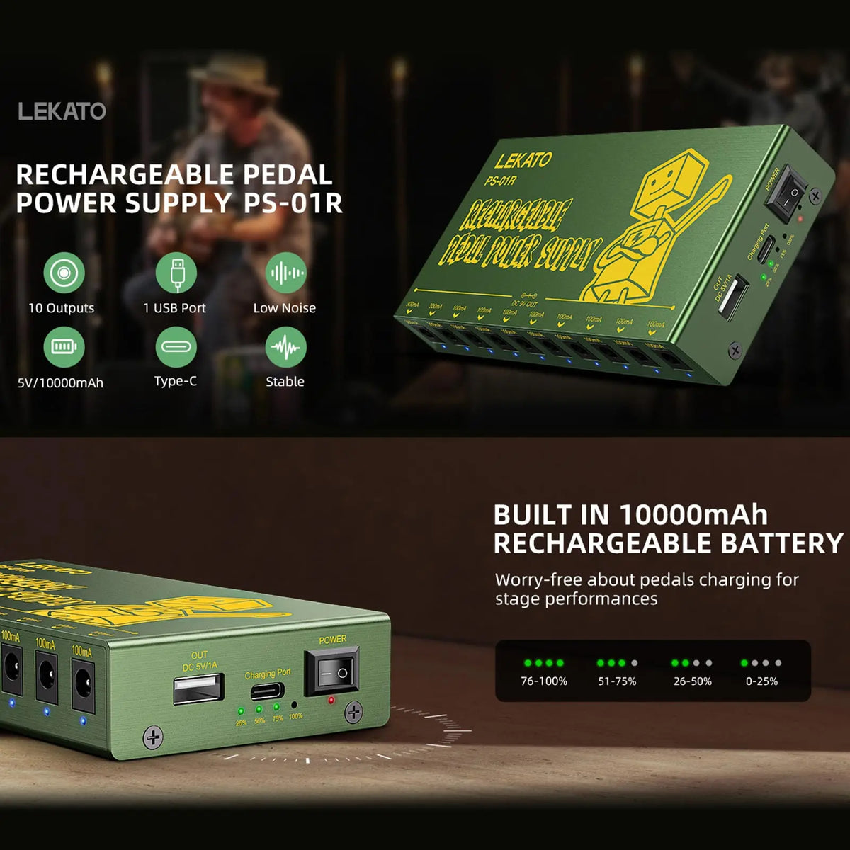 A green LEKATO rechargeable pedal power supply with multiple DC outputs and battery indicators.