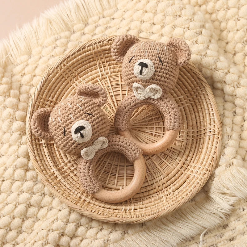 Handcrafted Wooden Crochet Animal Rattle for Babies