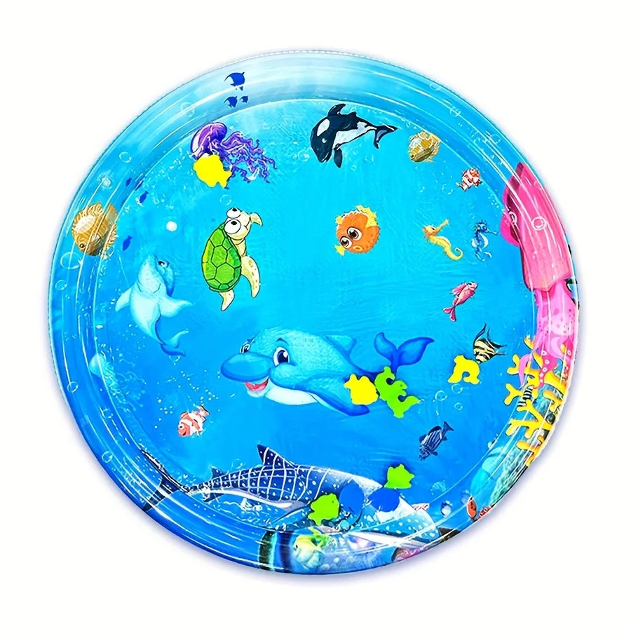 A circular blue water play mat for babies featuring various sea creatures and learning activities.