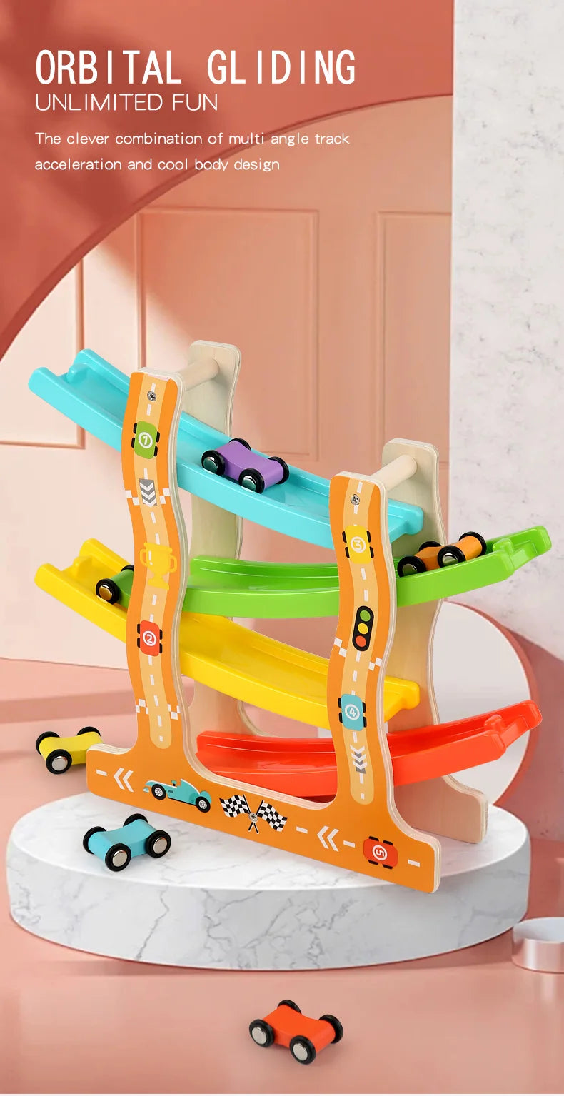 A wooden orbital gliding toy set featuring multiple colored tracks and vehicles for kids.