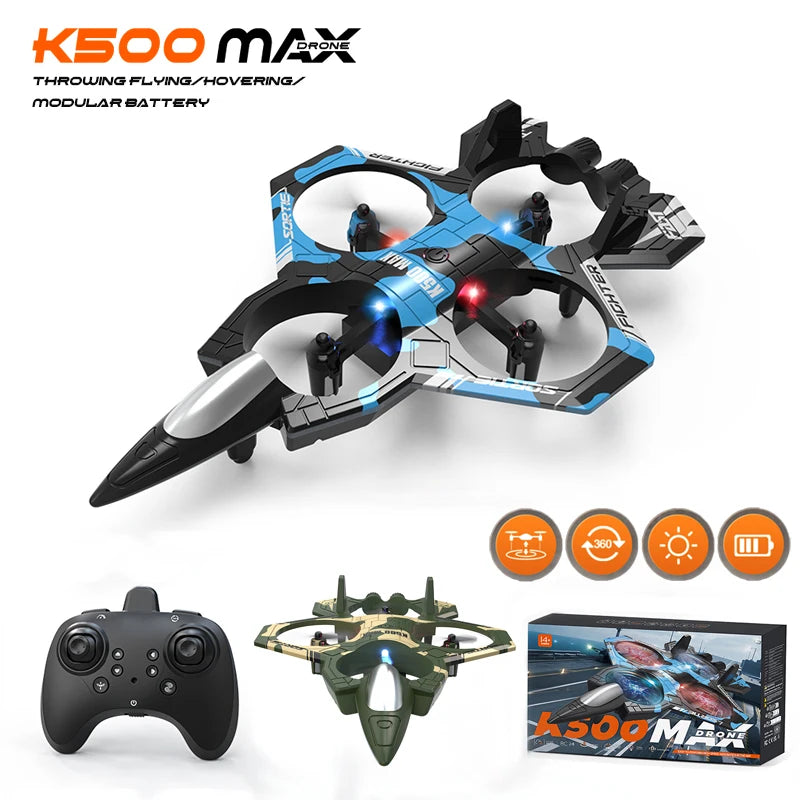 Drone K500 MAX avec avion de chasse en mousse noir et bleu et lumières LED.