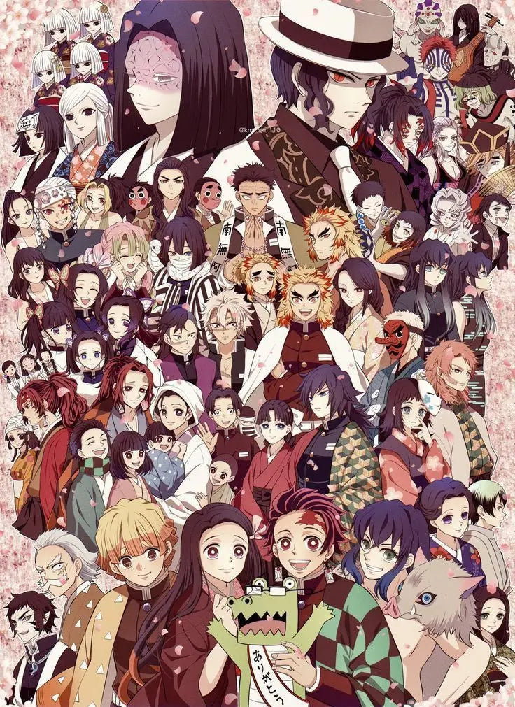 A collage of characters from Demon Slayer anime featured on a jigsaw puzzle design.