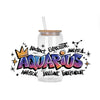A clear glass bottle filled with liquid and a straw, featuring stylized Aquarius zodiac sign graffiti art on the label.