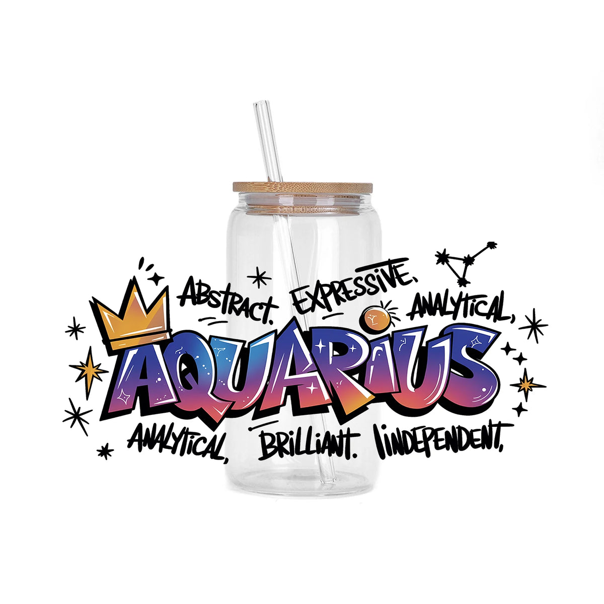 A clear glass bottle filled with liquid and a straw, featuring stylized Aquarius zodiac sign graffiti art on the label.