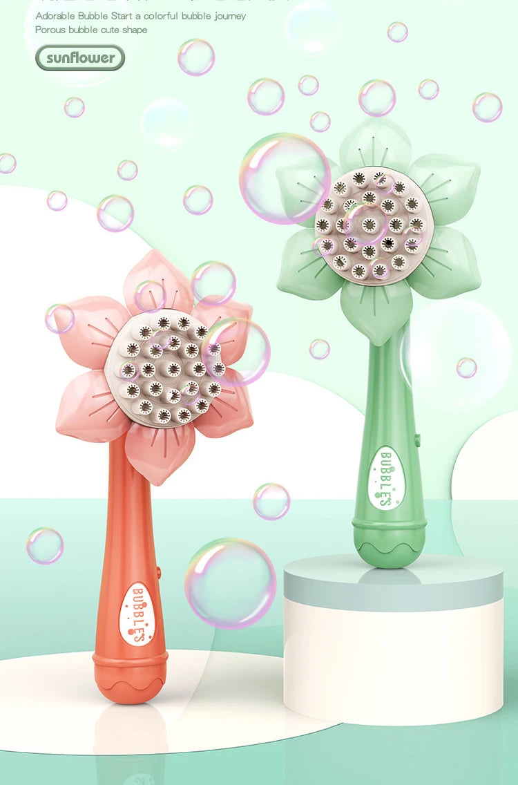 A pink and green sunflower bubble maker toy with a flower shape, featuring a large bubble blower mechanism.