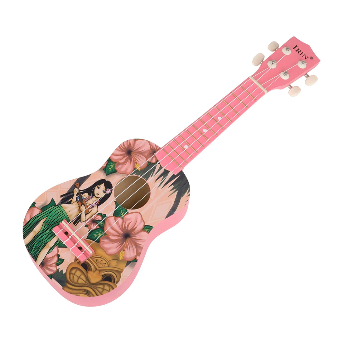 A pink ukulele with a floral design and a wooden body, featuring a fretboard and tuning pegs.
