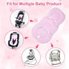 A plush double-sided stroller seat cushion shown with various baby products like a stroller and carrier.