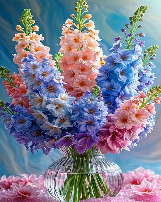 A vibrant bouquet of pink, purple, and blue flowers in a glass vase.