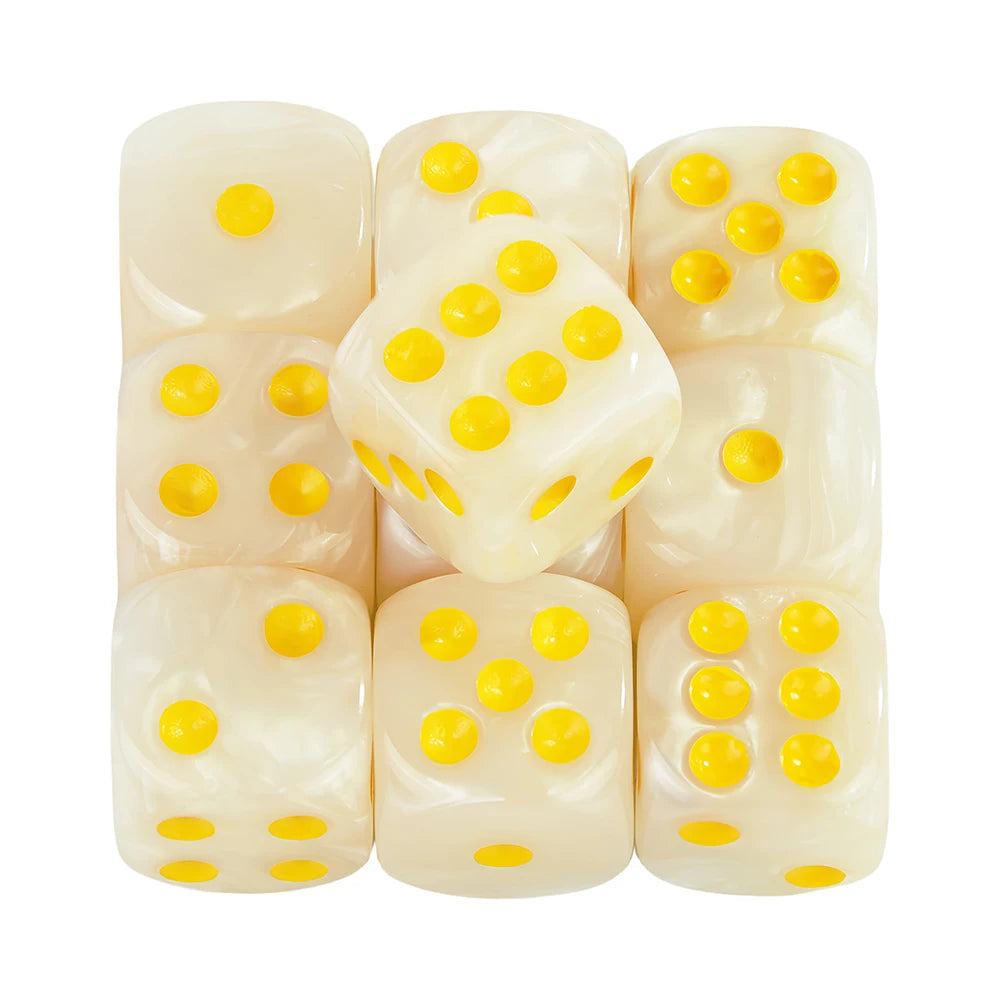 A set of ten marble effect acrylic D6 dice, yellow and white, arranged in a row.