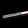 A close-up view of an RGB metal lightsaber with a glowing red blade and silver hilt against a black background.
