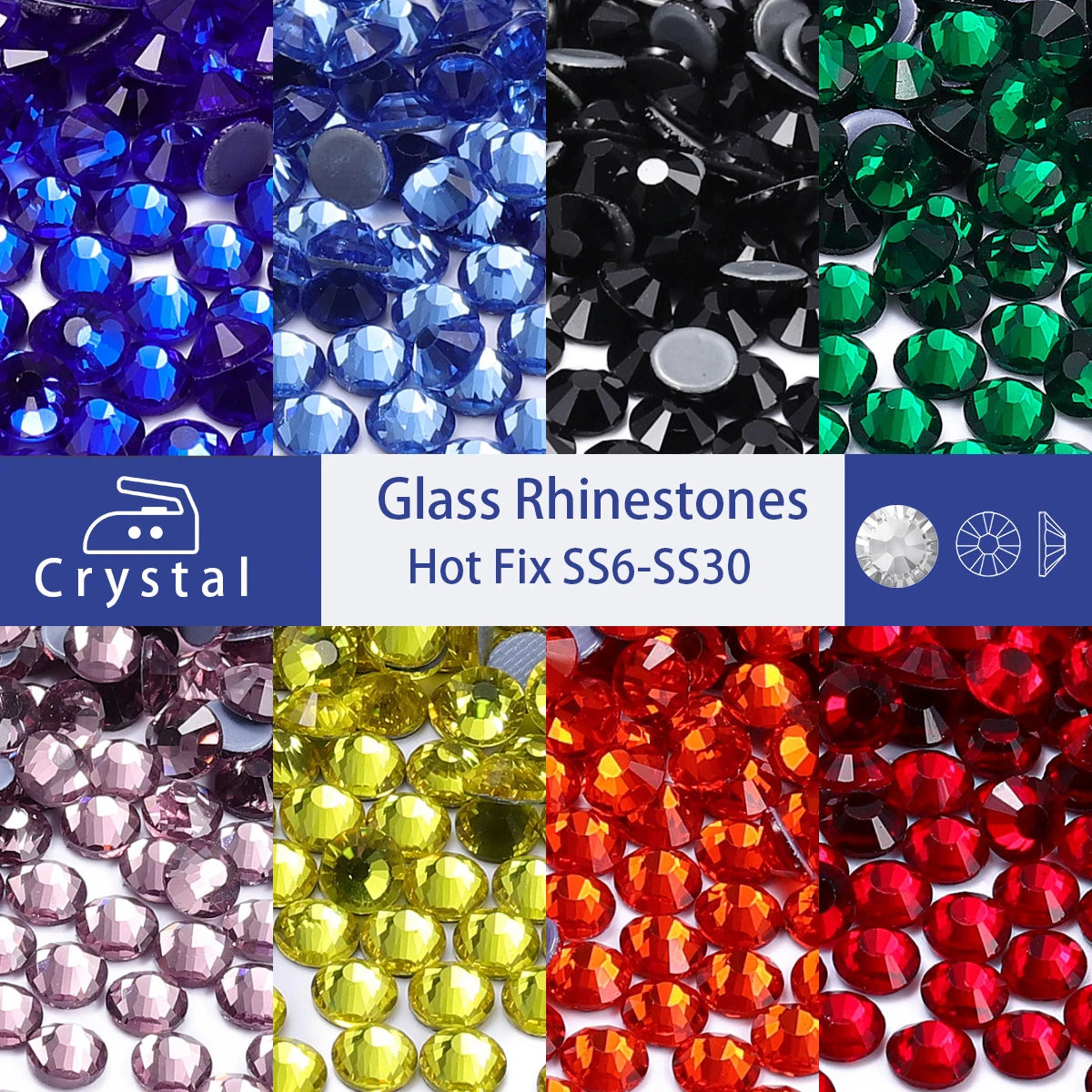 A collection of various colored glass rhinestones including blue, purple, black, and green stones.