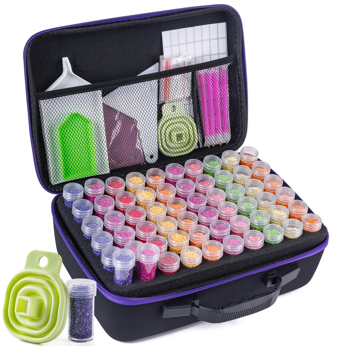 A black storage container for Diamond Art supplies featuring organizer trays and tools like pens and glitter.