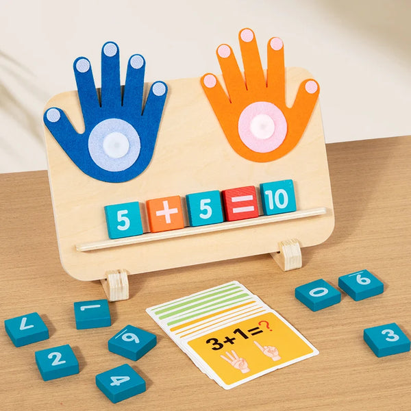 A wooden finger counting set with colorful fingers and numbered blocks for toddlers.