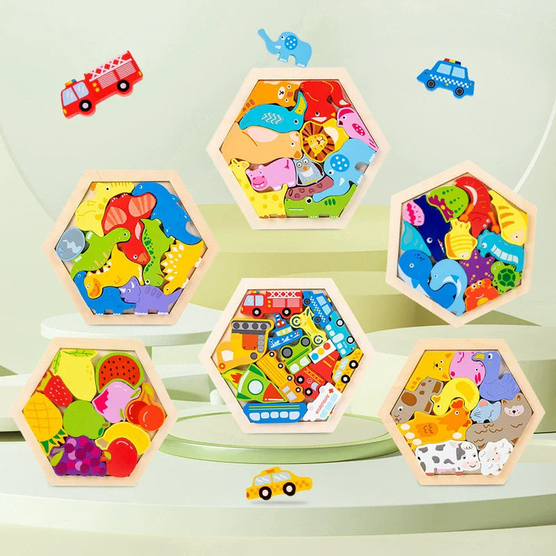 A collection of wooden 3D jigsaw puzzles featuring colorful animals and objects arranged on a light green surface.