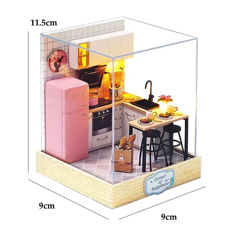 A miniature DIY wooden dollhouse with furniture and LED lighting kit displayed in a clear box.