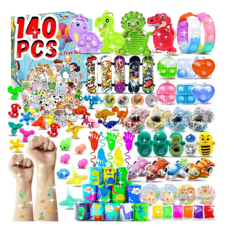 A colorful assortment of 140 pieces of kids fidget toys and sensory items for party favors